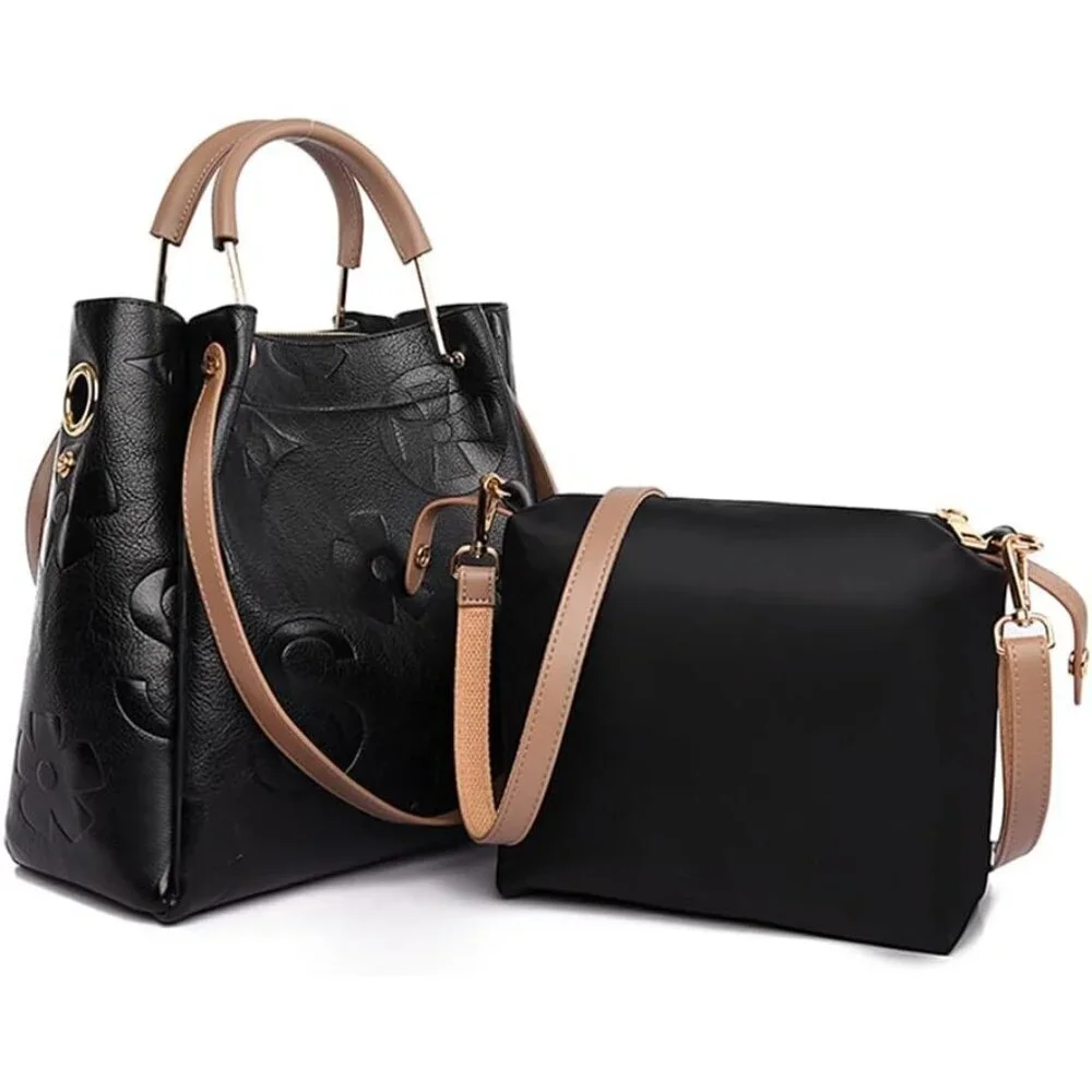 Women’s Faux Leather Bucket Bag Floral Embossed Tote Multiple Ways